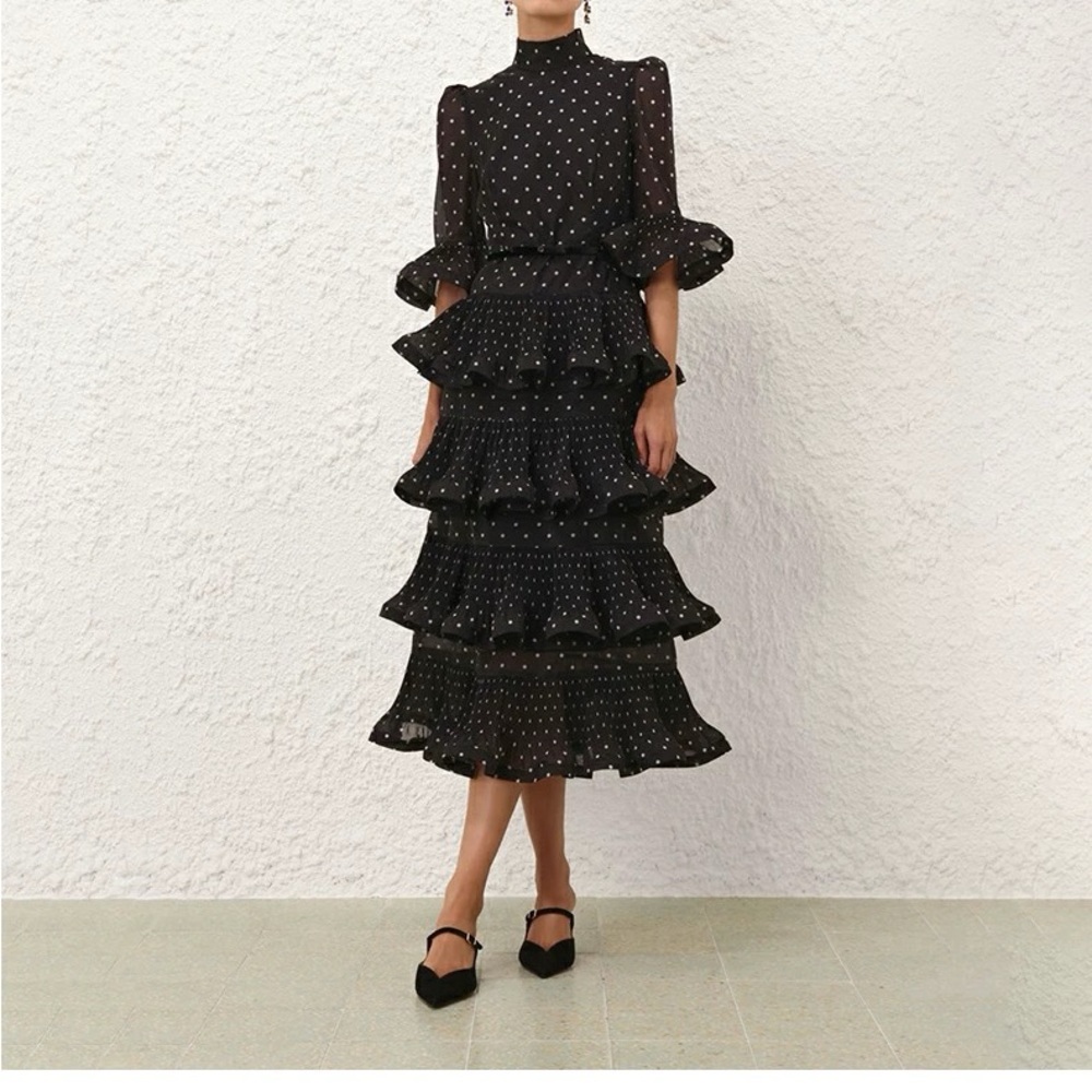 Designer Elaborate Black Polka Dot Ruffled Dress - Picture 3 of 11